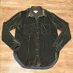 Anthropologie Olive Green Velvet Button Down Shirt